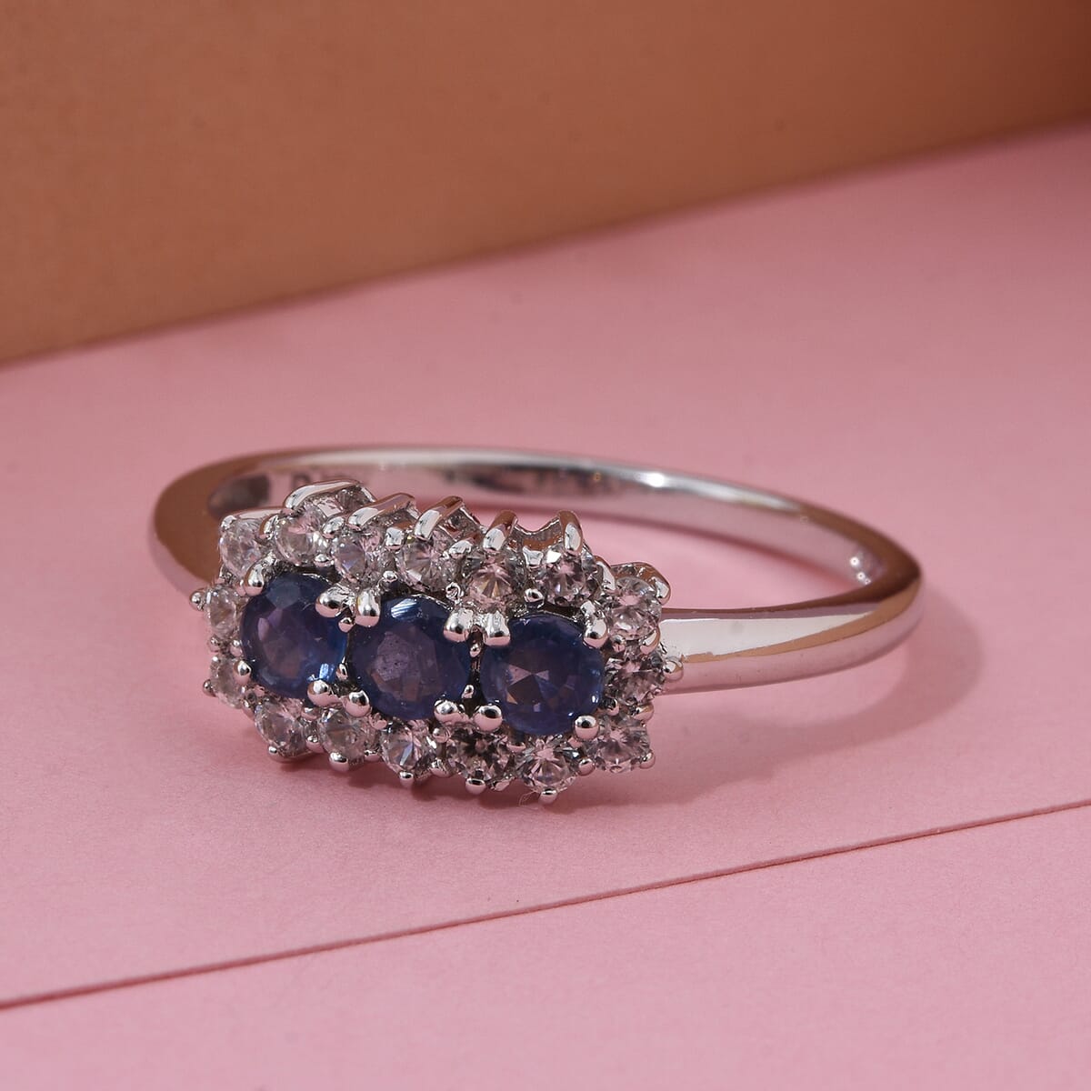 D'Joy Premium Kanchanaburi Blue Sapphire and White Zircon 1.05 ctw Midnight Trio Ring in Rhodium Over Sterling Silver (Size 6.0) image number 1