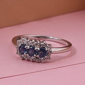 D'Joy Premium Kanchanaburi Blue Sapphire and White Zircon 1.05 ctw Midnight Trio Ring in Rhodium Over Sterling Silver (Size 6.0)