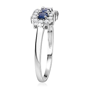 D'Joy Premium Kanchanaburi Blue Sapphire and White Zircon 1.05 ctw Midnight Trio Ring in Rhodium Over Sterling Silver (Size 6.0)