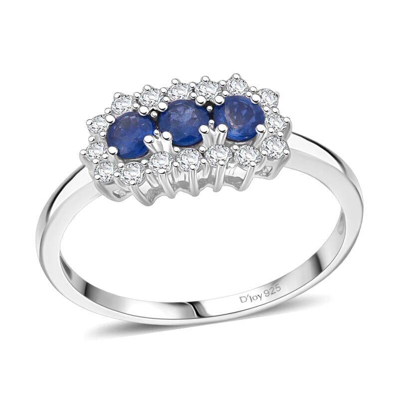 D'Joy Premium Kanchanaburi Blue Sapphire and White Zircon 1.05 ctw Midnight Trio Ring in Rhodium Over Sterling Silver (Size 8.0)