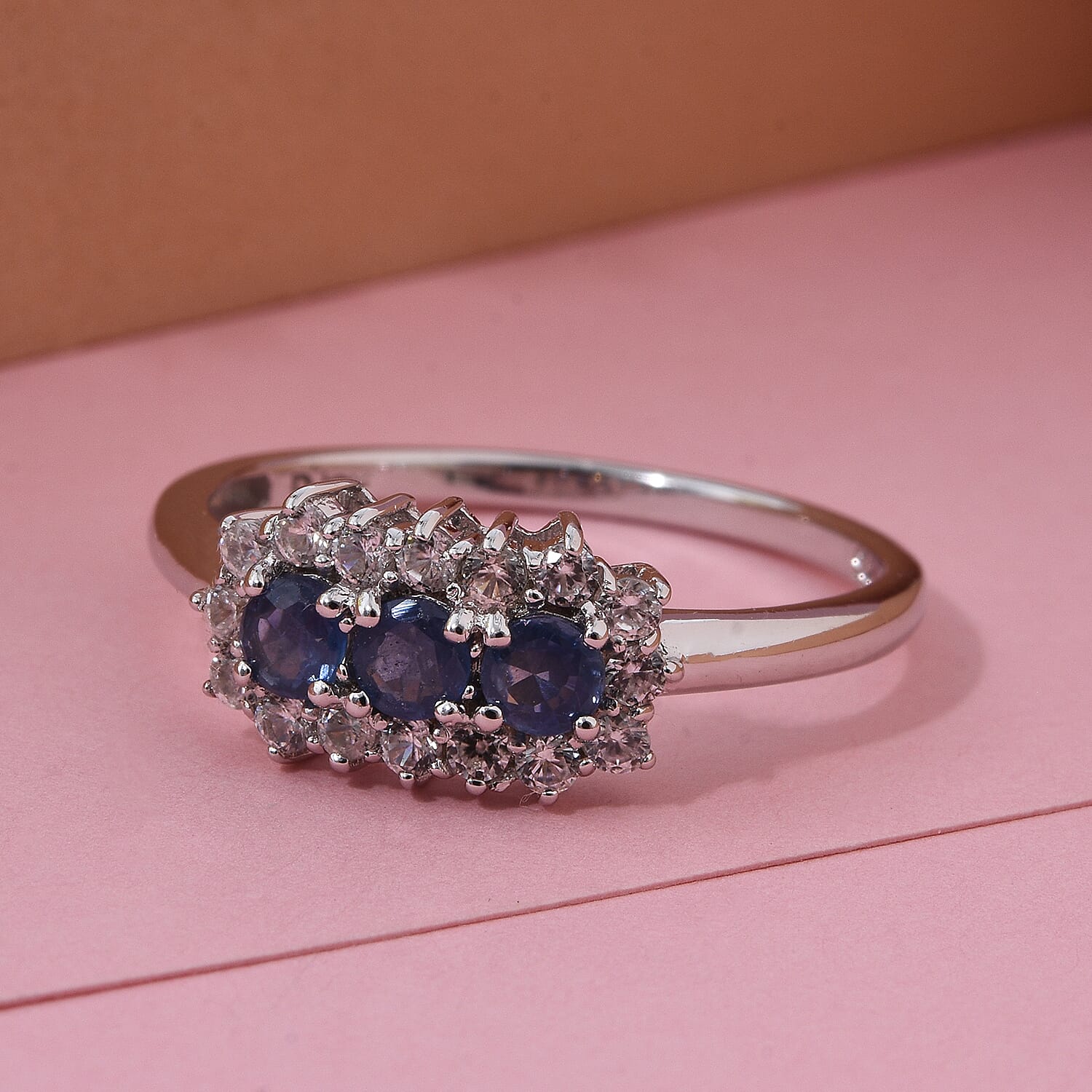 D'Joy Premium Kanchanaburi Blue Sapphire and White Zircon 1.05 ctw Midnight Trio Ring in Rhodium Over Sterling Silver (Size 8.0)