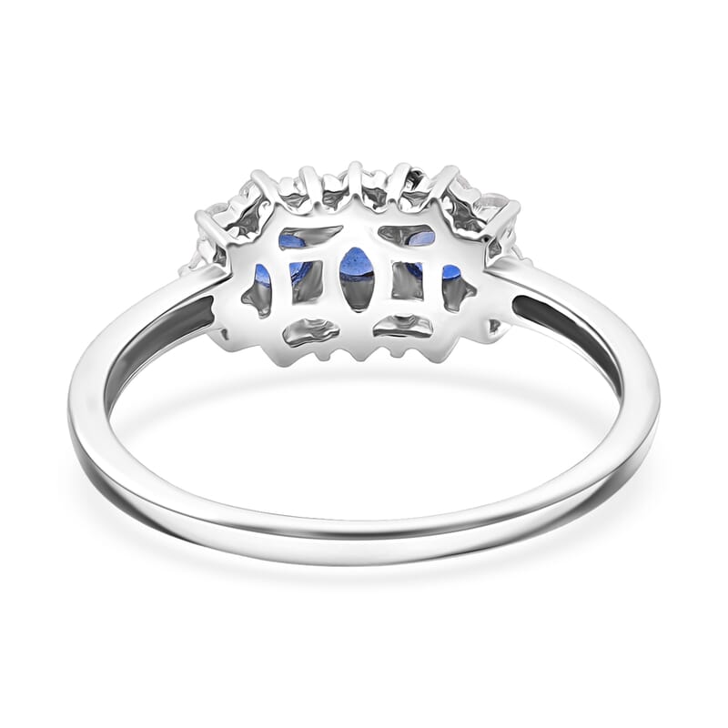 D'Joy Premium Kanchanaburi Blue Sapphire and White Zircon 1.05 ctw Midnight Trio Ring in Rhodium Over Sterling Silver (Size 8.0)