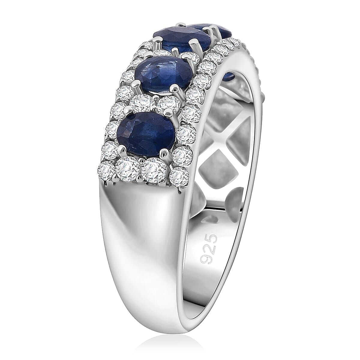 Premium Kanchanaburi Blue Sapphire, White Zircon Ring in Rhodium Over Sterling Silver (Size 5.0) 2.10 ctw image number 3