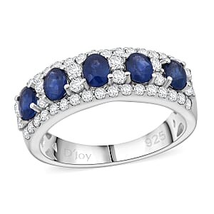 D'Joy Premium Kanchanaburi Blue Sapphire and White Zircon 2.10 ctw Deco Dynasty Ring in Rhodium Over Sterling Silver (Size 6.0)