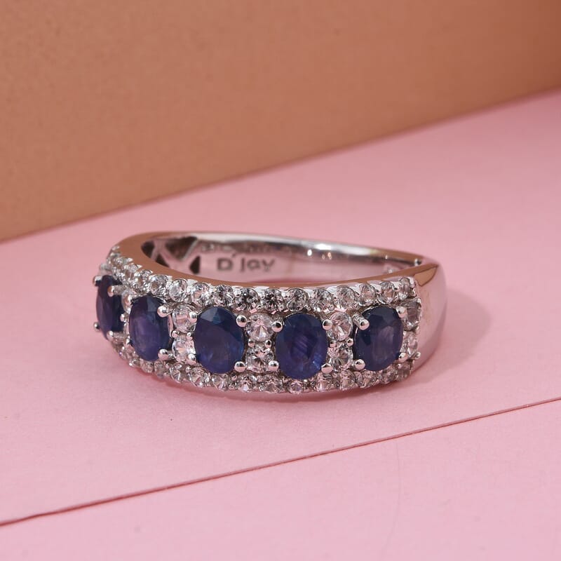 D'Joy Premium Kanchanaburi Blue Sapphire and White Zircon 2.10 ctw Deco Dynasty Ring in Rhodium Over Sterling Silver (Size 7.0)