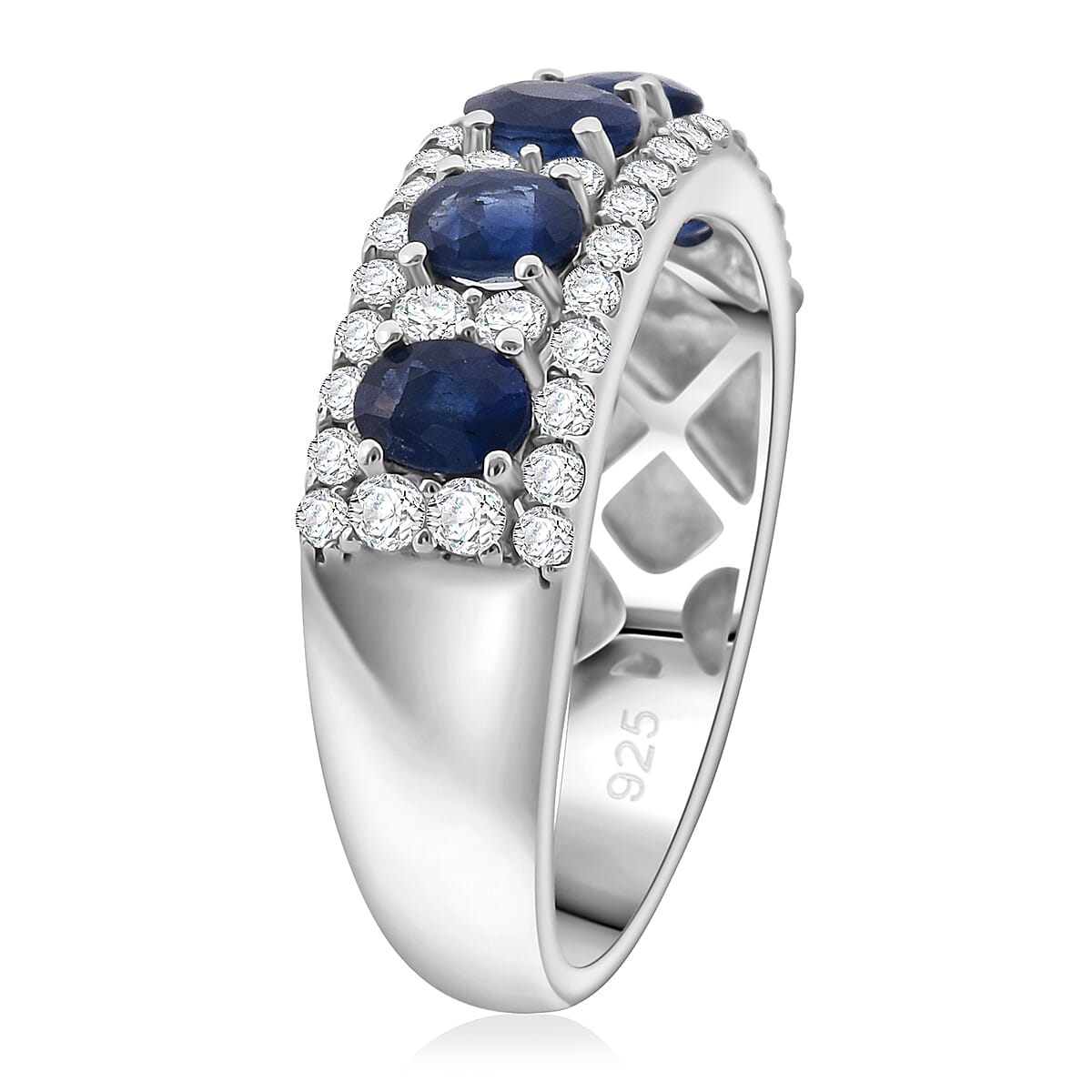 D'Joy Premium Kanchanaburi Blue Sapphire and White Zircon 2.10 ctw Deco Dynasty Ring in Rhodium Over Sterling Silver (Size 7.0)