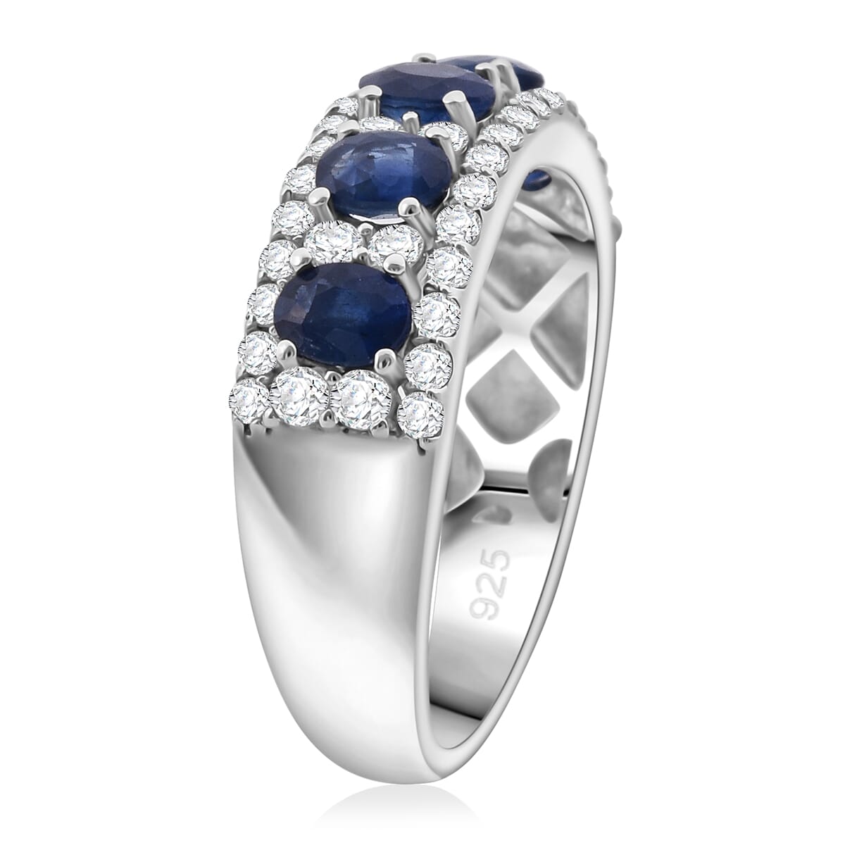 D'Joy Premium Kanchanaburi Blue Sapphire and White Zircon 2.10 ctw Deco Dynasty Ring in Rhodium Over Sterling Silver (Size 9.0) image number 3