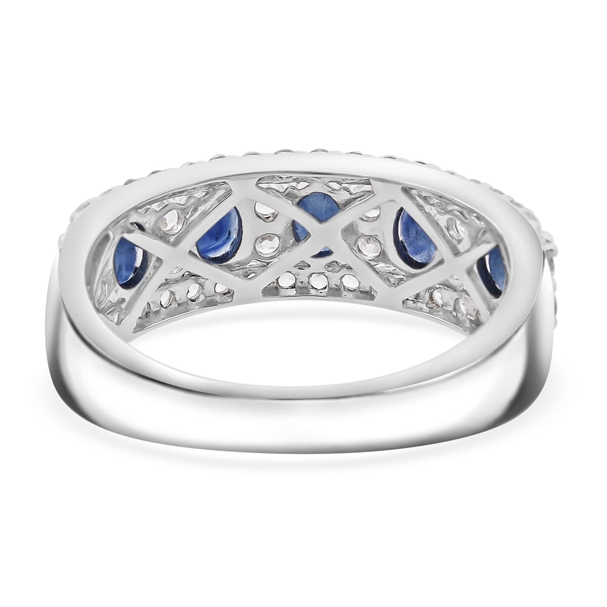 D'Joy Premium Kanchanaburi Blue Sapphire and White Zircon 2.10 ctw Deco Dynasty Ring in Rhodium Over Sterling Silver (Size 9.0) image number 4