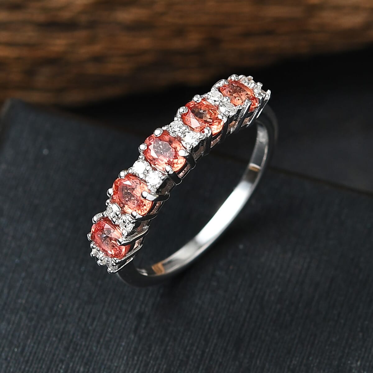 Padparadscha Sapphire (BT) and Luxuriant Lab Grown Diamond G-H SI 1.35 ctw Blush Flame Ring in Rhodium Over Sterling Silver (Size 7.0) image number 1