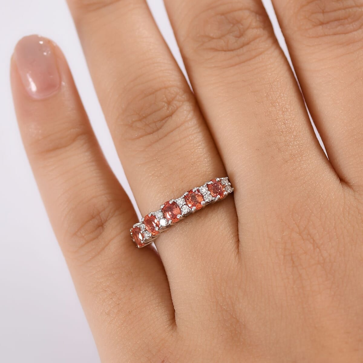 Padparadscha Sapphire (BT) and Luxuriant Lab Grown Diamond G-H SI 1.35 ctw Blush Flame Ring in Rhodium Over Sterling Silver (Size 7.0) image number 2