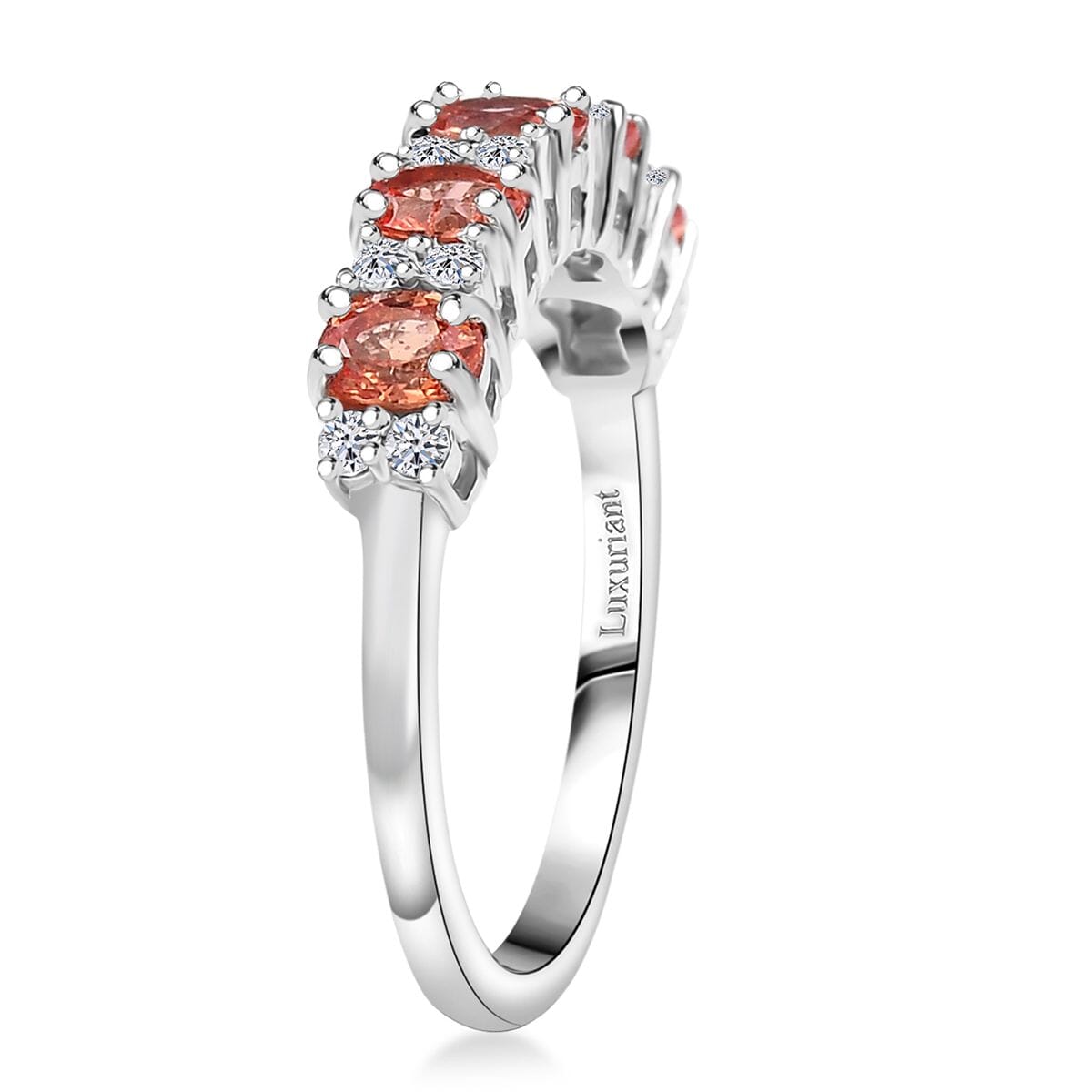 Padparadscha Sapphire (BT) and Luxuriant Lab Grown Diamond G-H SI 1.35 ctw Blush Flame Ring in Rhodium Over Sterling Silver (Size 7.0) image number 3