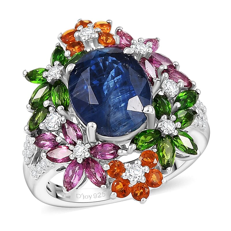 D'Joy Kashmir Kyanite, Multi Gemstone Mystic Garden Ring in Rhodium Over Sterling Silver 7.40 ctw (Size 10.0)