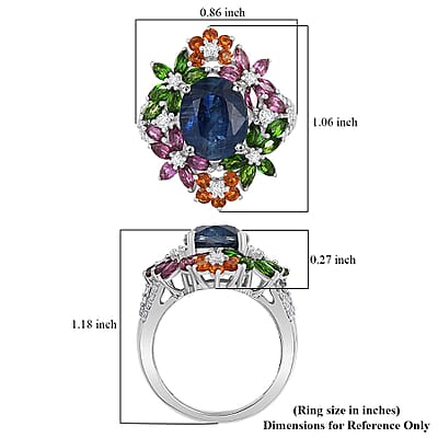 D'Joy Kashmir Kyanite, Multi Gemstone Mystic Garden Ring in Rhodium Over Sterling Silver 7.40 ctw (Size 10.0)
