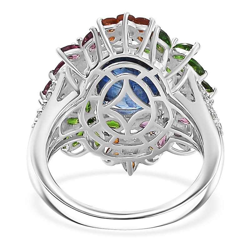 D'Joy Kashmir Kyanite, Multi Gemstone Mystic Garden Ring in Rhodium Over Sterling Silver 7.40 ctw (Size 6.0)