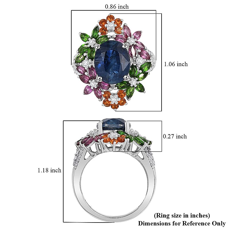 D'Joy Kashmir Kyanite, Multi Gemstone Mystic Garden Ring in Rhodium Over Sterling Silver 7.40 ctw (Size 6.0)