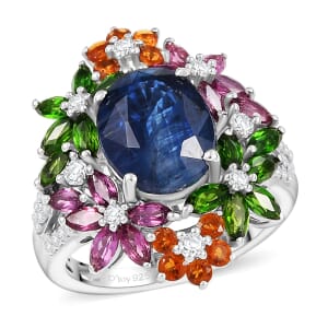 D'Joy Kashmir Kyanite and Multi Gemstone 7.40 ctw Ring in Rhodium Over Sterling Silver (Size 8.0)