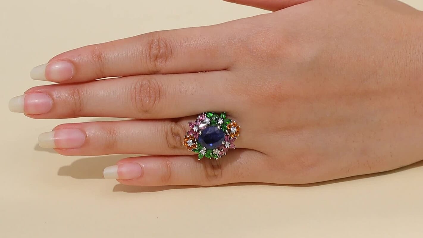 D'Joy Kashmir Kyanite, Multi Gemstone Ring in Rhodium Over Sterling Silver (Size 10.0) 7.40 ctw