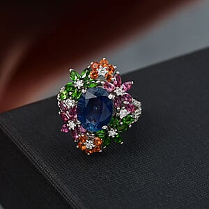 D'Joy Kashmir Kyanite, Multi Gemstone Mystic Garden Ring in Rhodium Over Sterling Silver 7.40 ctw (Size 8.0)