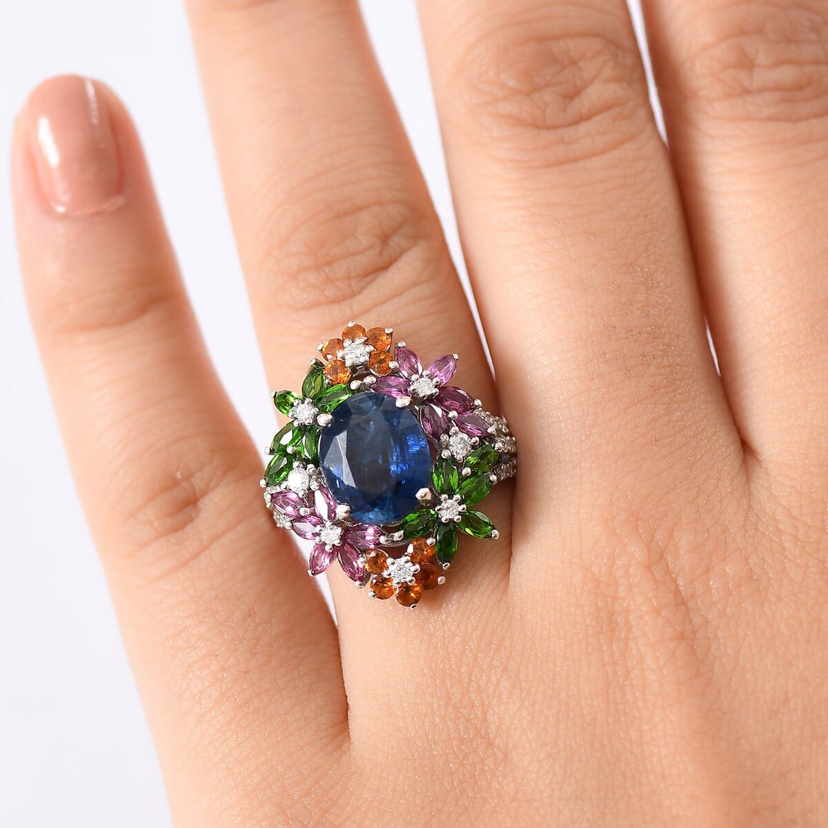 D'Joy Kashmir Kyanite and Multi Gemstone 7.40 ctw Ring in Rhodium Over Sterling Silver (Size 8.0) image number 2