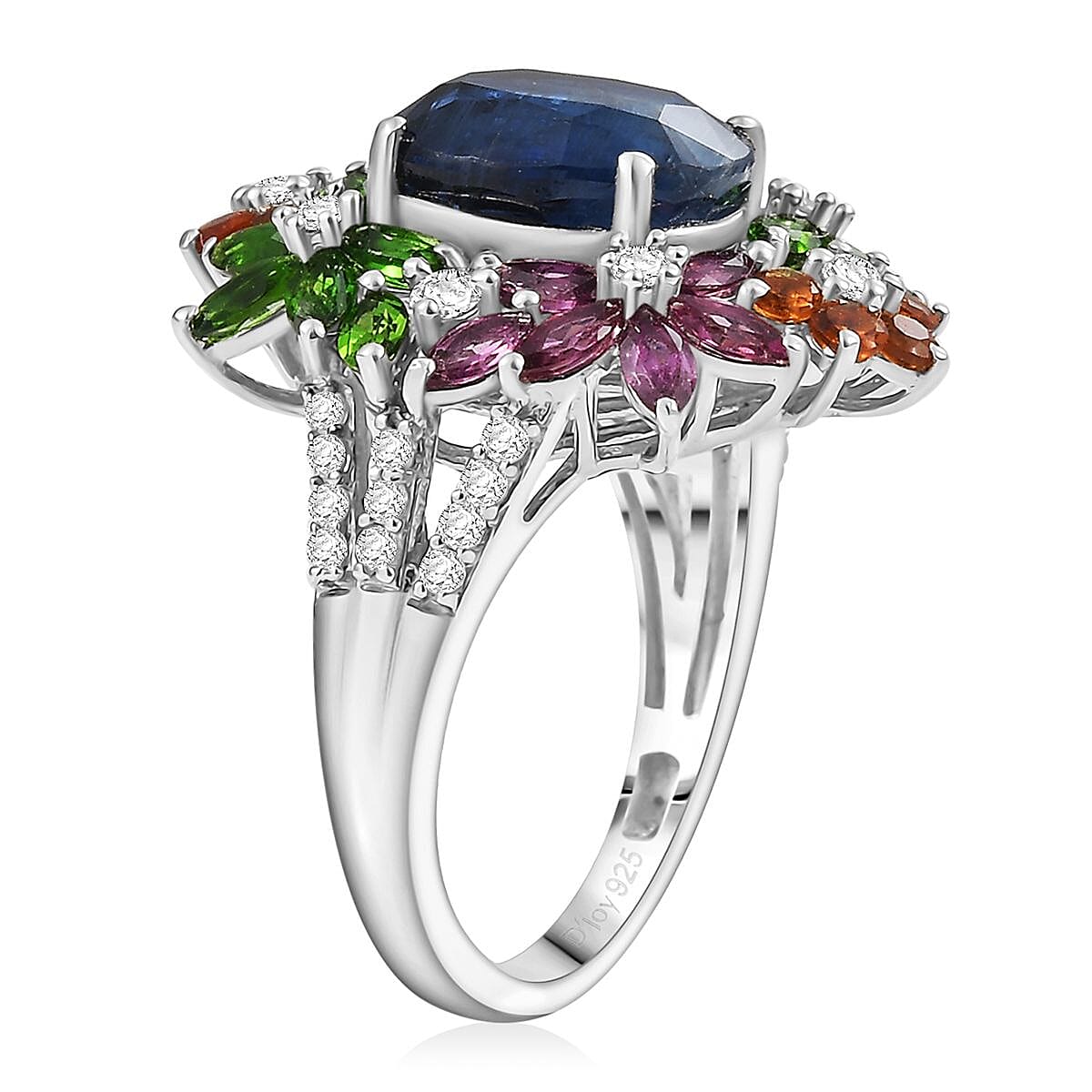 D'Joy Kashmir Kyanite, Multi Gemstone Mystic Garden Ring in Rhodium Over Sterling Silver 7.40 ctw (Size 9.0)