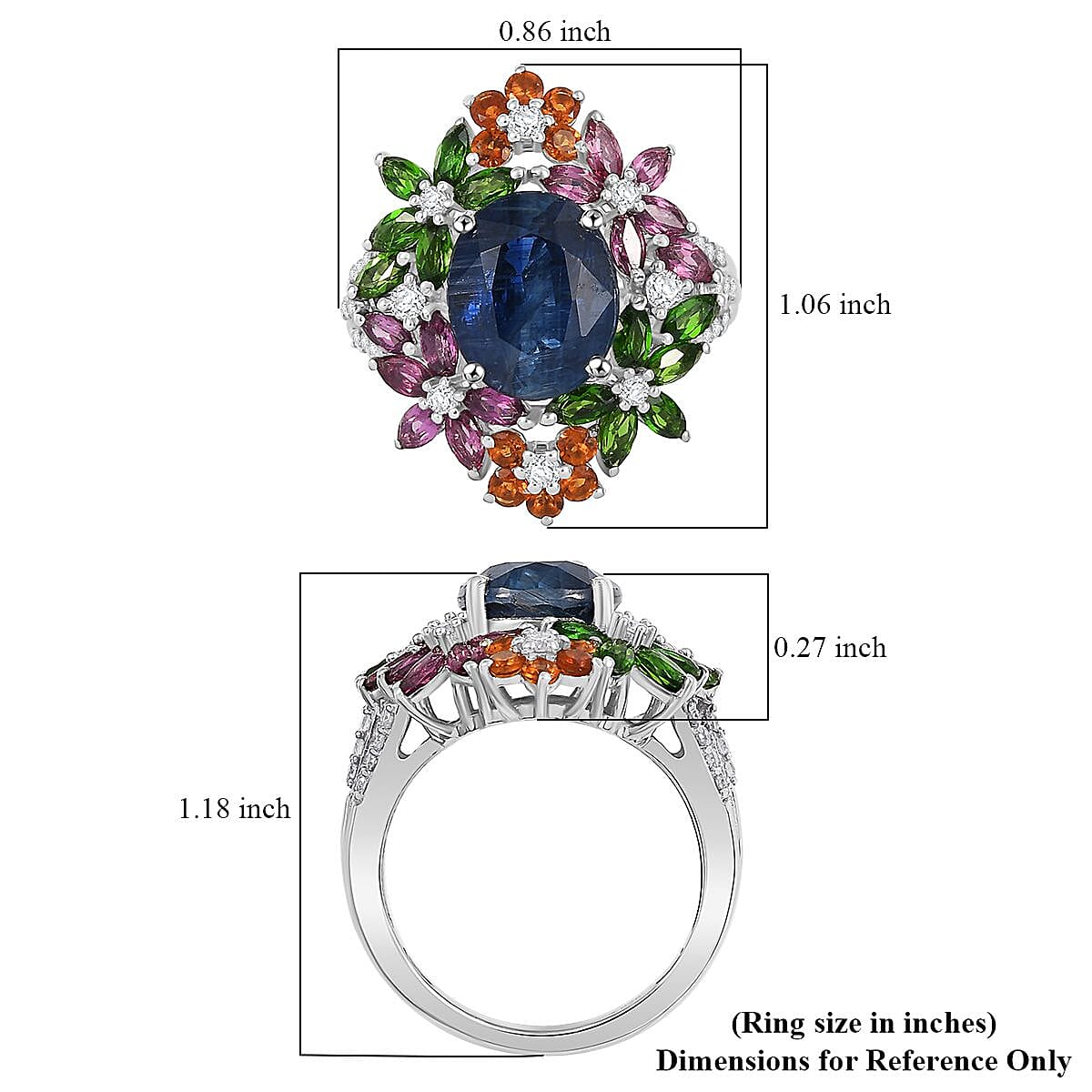 D'Joy Kashmir Kyanite, Multi Gemstone Mystic Garden Ring in Rhodium Over Sterling Silver 7.40 ctw (Size 9.0)