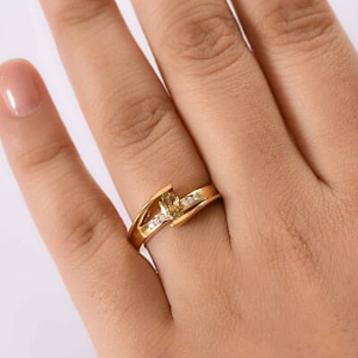 Natural Golden Tanzanite and White Zircon 0.72 ctw Ring in 18K Vermeil Yellow Gold Over Sterling Silver (Size 6.5)
