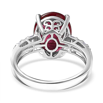 D'Joy Niassa Ruby (FF) and Moissanite 7.85 ctw Art Deco Ring in Rhodium Over Sterling Silver (Size 7.0)