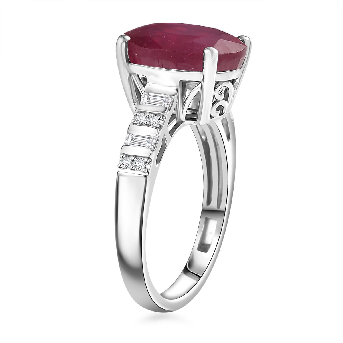 D'Joy Niassa Ruby (FF) and Moissanite 7.85 ctw Art Deco Ring in Rhodium Over Sterling Silver (Size 8.0) image number 3