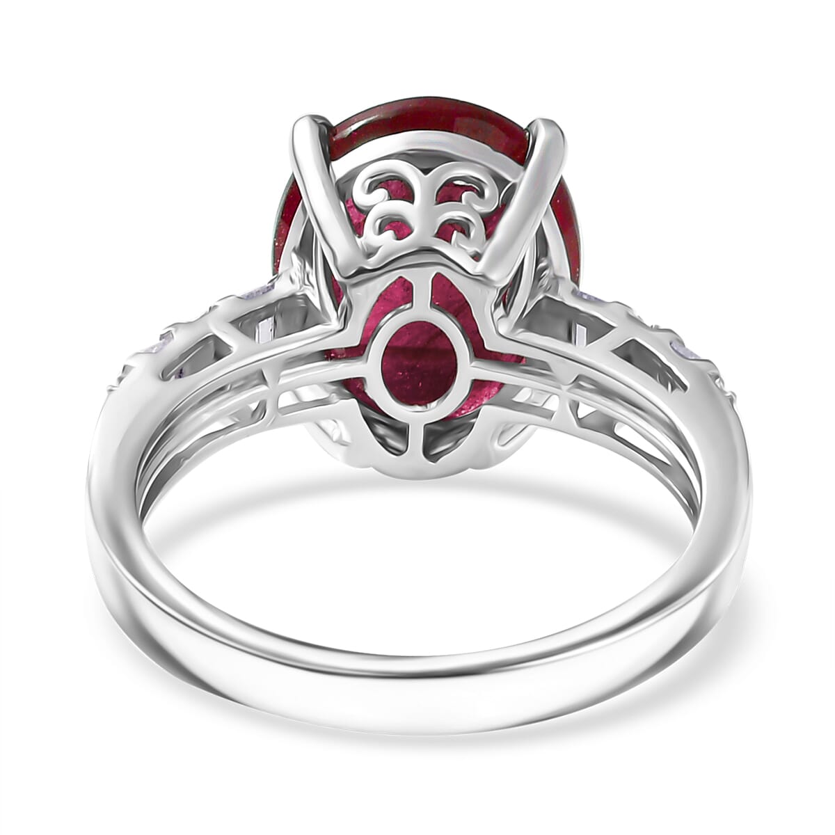 D'Joy Niassa Ruby (FF) and Moissanite 7.85 ctw Art Deco Ring in Rhodium Over Sterling Silver (Size 8.0) image number 4