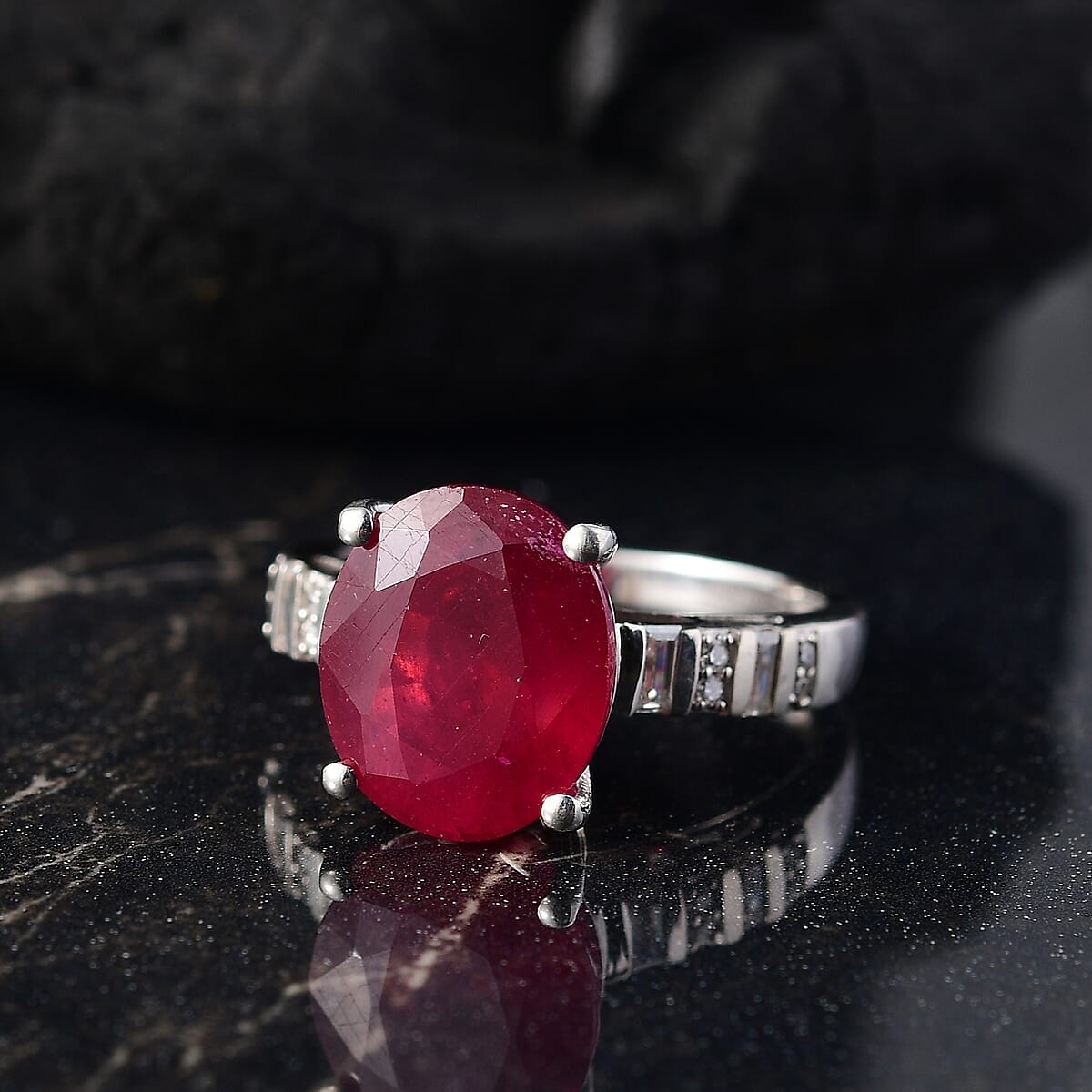 D'Joy Niassa Ruby (FF) and Moissanite 7.85 ctw Art Deco Ring in Rhodium Over Sterling Silver (Size 9.0) image number 1