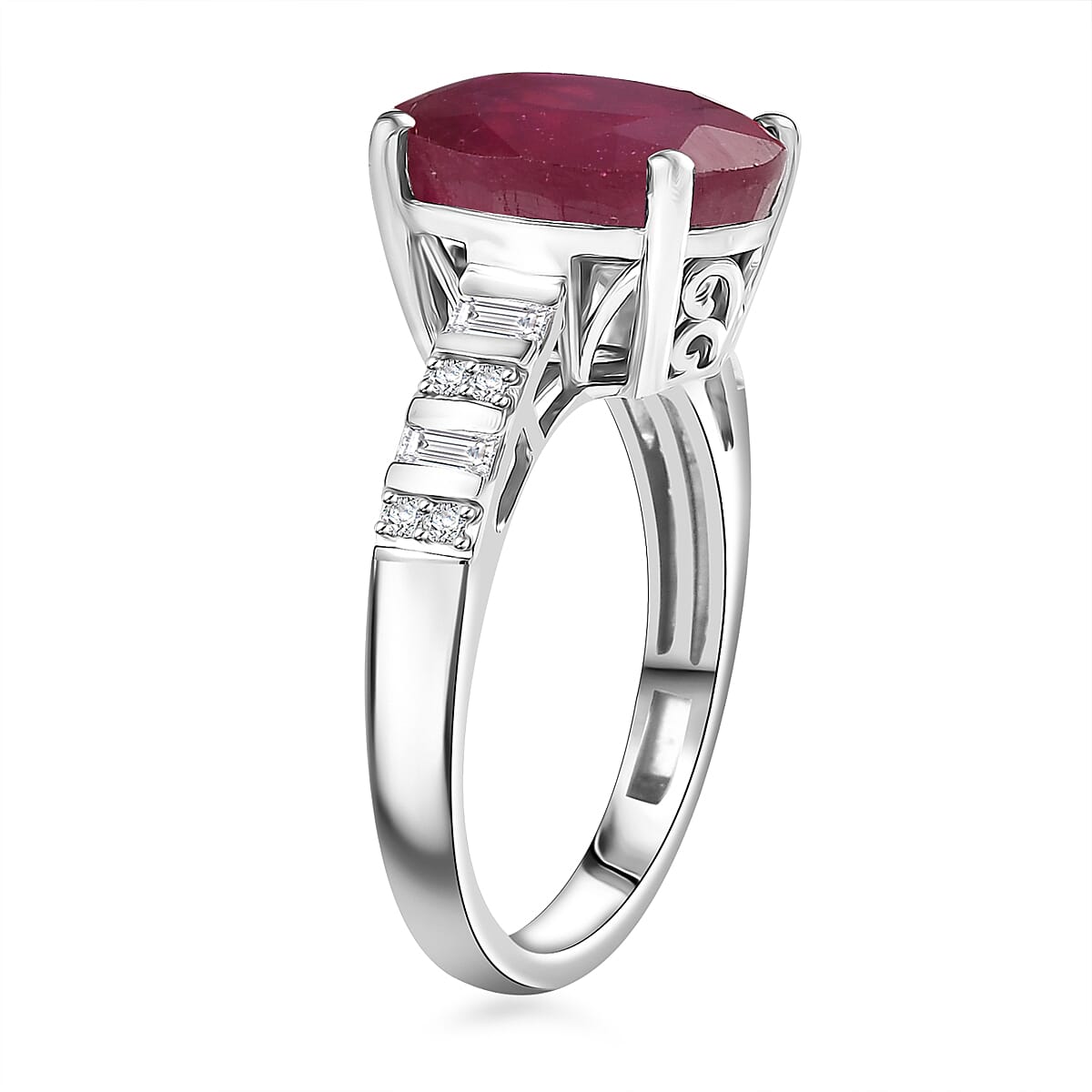 D'Joy Niassa Ruby (FF) and Moissanite 7.85 ctw Art Deco Ring in Rhodium Over Sterling Silver (Size 9.0) image number 3