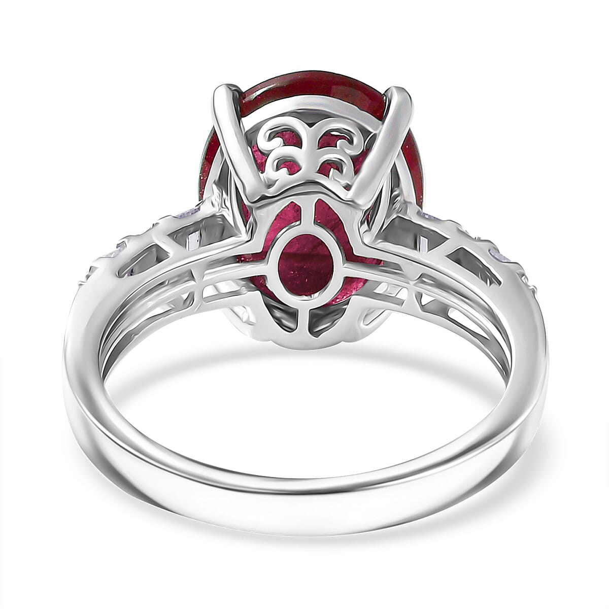 D'Joy Niassa Ruby (FF) and Moissanite 7.85 ctw Art Deco Ring in Rhodium Over Sterling Silver (Size 9.0) image number 4