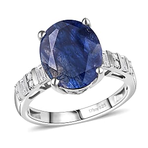 D'Joy Masoala Sapphire (D) and Moissanite 7.40 ctw Art Deco Ring in Rhodium Over Sterling Silver (Size 10.0)