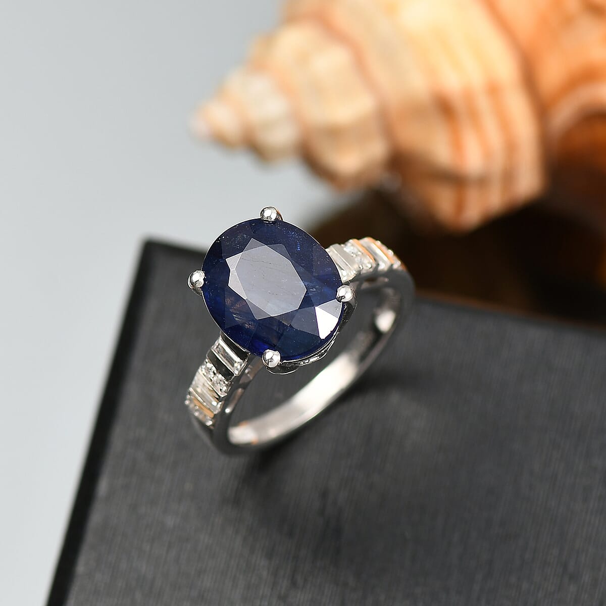 D'Joy Masoala Sapphire (D) and Moissanite 7.40 ctw Art Deco Ring in Rhodium Over Sterling Silver (Size 10.0) image number 1