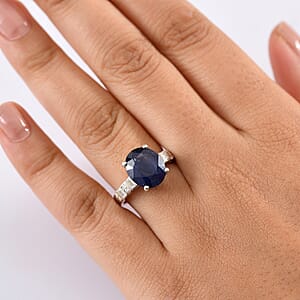 D'Joy Masoala Sapphire (D) and Moissanite 7.40 ctw Art Deco Ring in Rhodium Over Sterling Silver (Size 10.0)