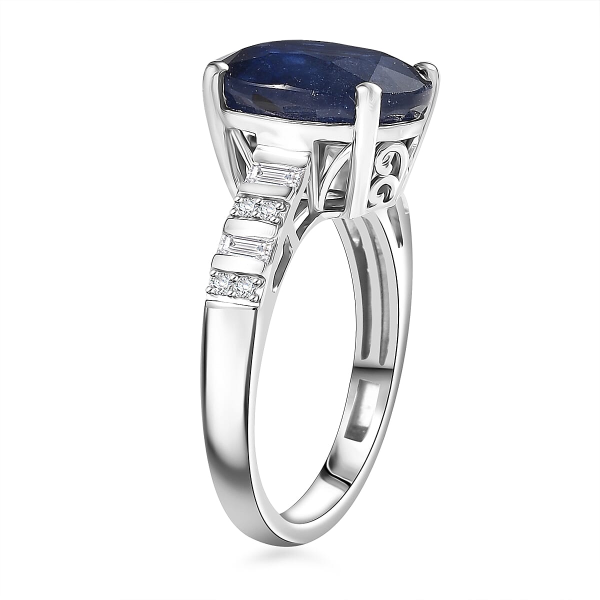 D'Joy Masoala Sapphire (D) and Moissanite 7.40 ctw Art Deco Ring in Rhodium Over Sterling Silver (Size 10.0) image number 3