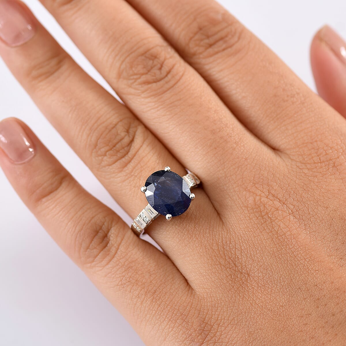 D'Joy Masoala Sapphire (D) and Moissanite 7.40 ctw Art Deco Ring in Rhodium Over Sterling Silver (Size 8.0) image number 2