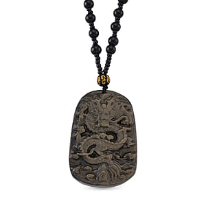 Black Obsidian 340.00 ctw Carved Dragon Pendant with Beaded Necklace 26 Inches