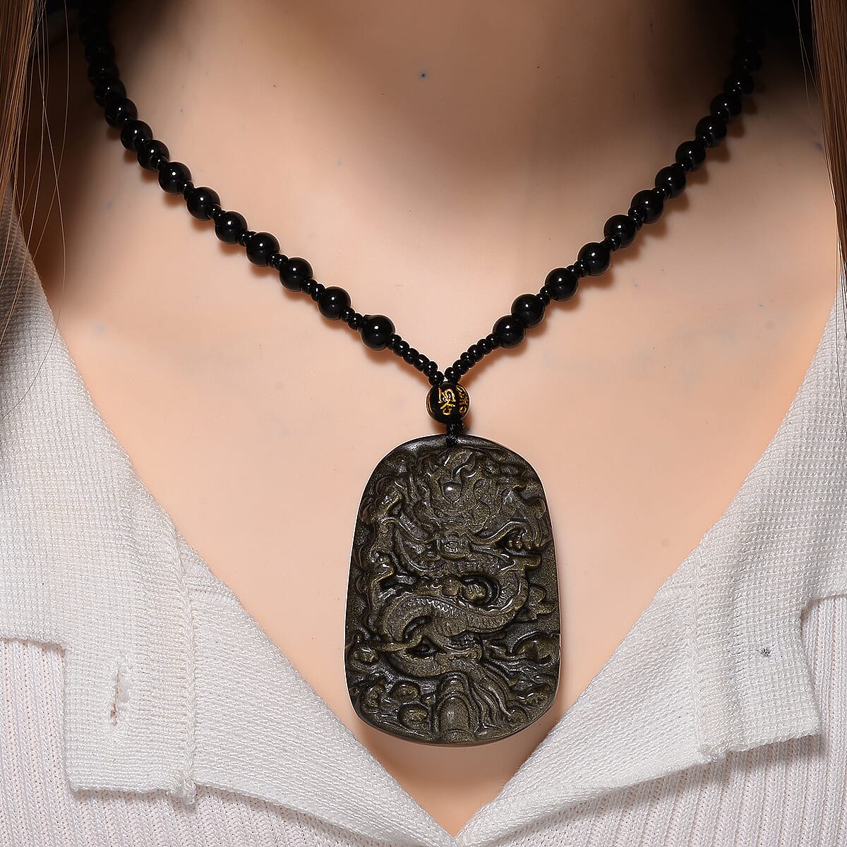 Black Obsidian 340.00 ctw Carved Dragon Pendant with Beaded Necklace 26 Inches image number 1