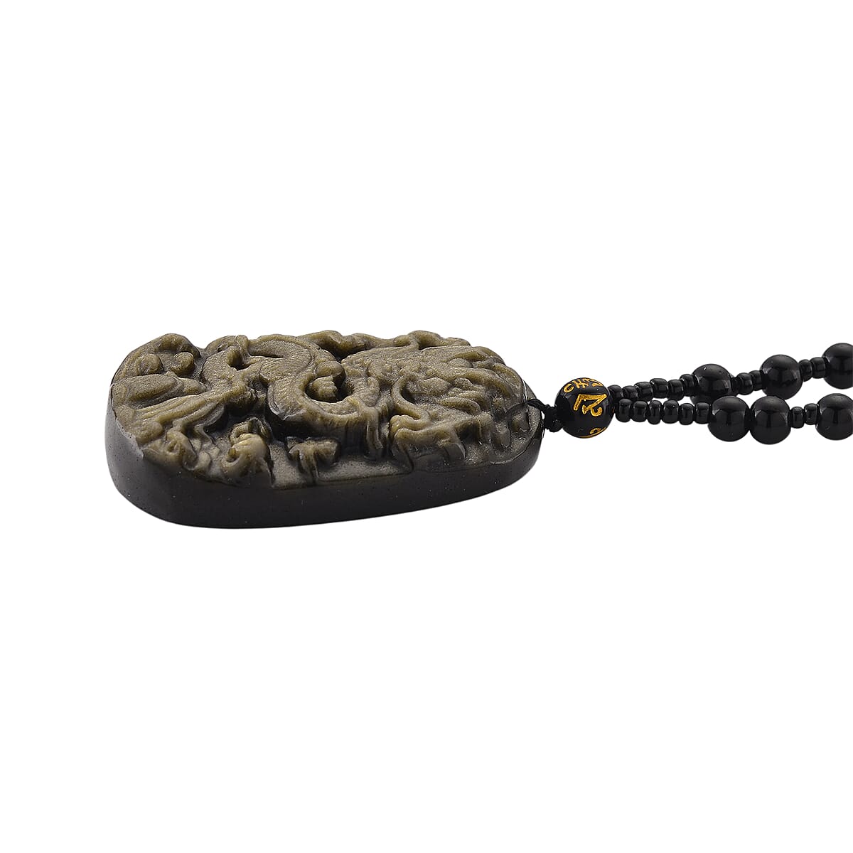 Black Obsidian 340.00 ctw Carved Dragon Pendant with Beaded Necklace 26 Inches image number 2