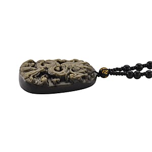 Black Obsidian 340.00 ctw Carved Dragon Pendant with Beaded Necklace 26 Inches