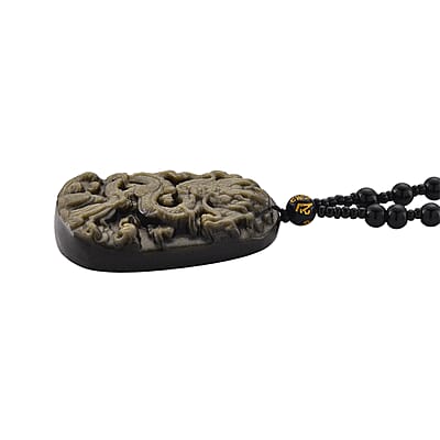 Black Obsidian 340.00 ctw Carved Dragon Pendant with Beaded Necklace 26 Inches