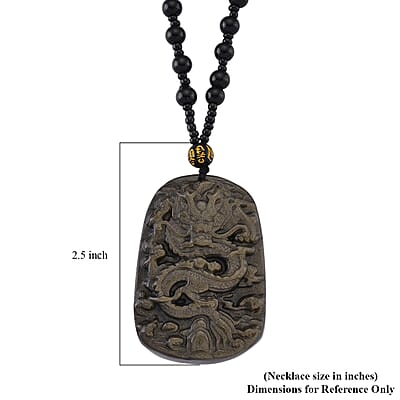 Black Obsidian 340.00 ctw Carved Dragon Pendant with Beaded Necklace 26 Inches