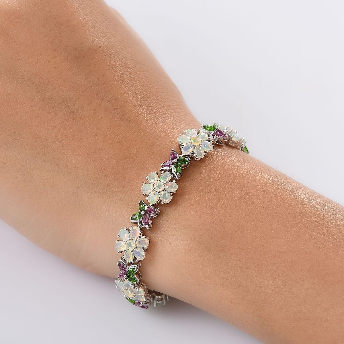 D'Joy Ethiopian Welo Opal and Multi Gemstone 10.80 ctw Garden of Light Bracelet in Rhodium Over Sterling Silver (7.25 In) image number 2
