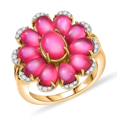 Mulberry Moonstone and White Zircon5.62 ctw Cluster Ring in Vermeil Yellow Gold Over Sterling Silver (Size 11.5)