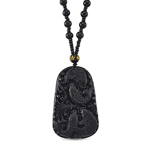 Black Obsidian 340.00 ctw Carved Fish Pendant with Beaded Necklace 26 Inches
