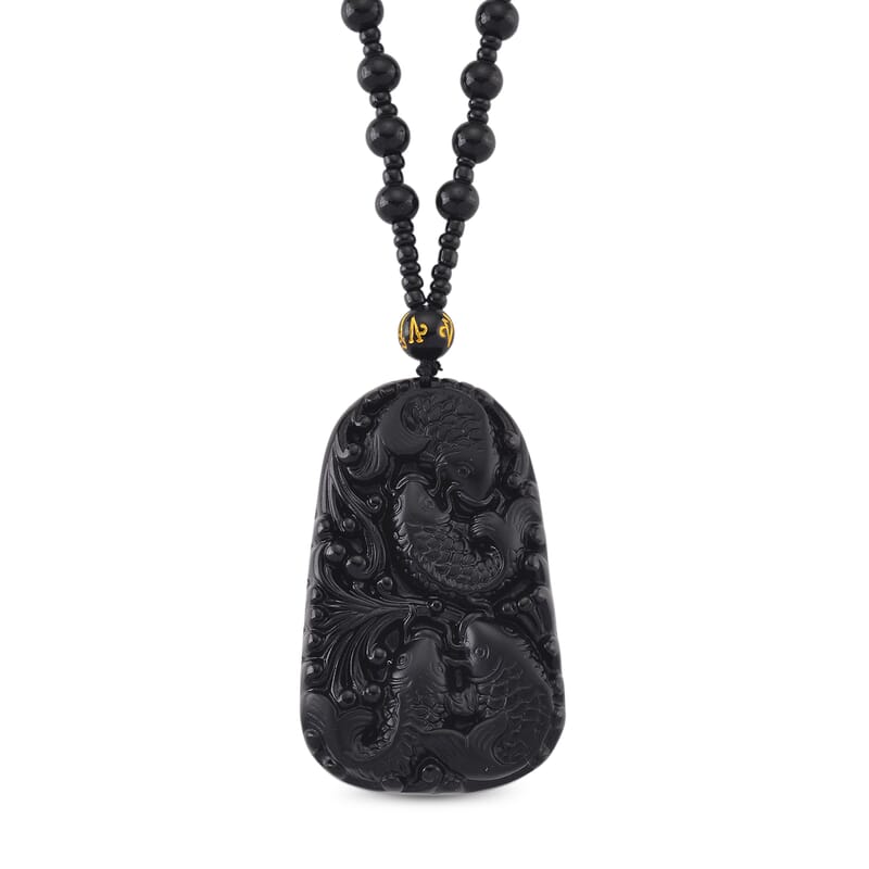 Black Obsidian 340.00 ctw Carved Fish Pendant with Beaded Necklace 26 Inches