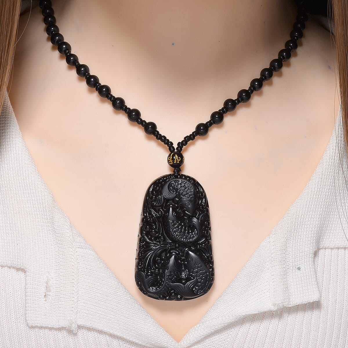 Black Obsidian 340.00 ctw Carved Fish Pendant with Beaded Necklace 26 Inches image number 1