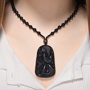 Black Obsidian 340.00 ctw Carved Fish Pendant with Beaded Necklace 26 Inches