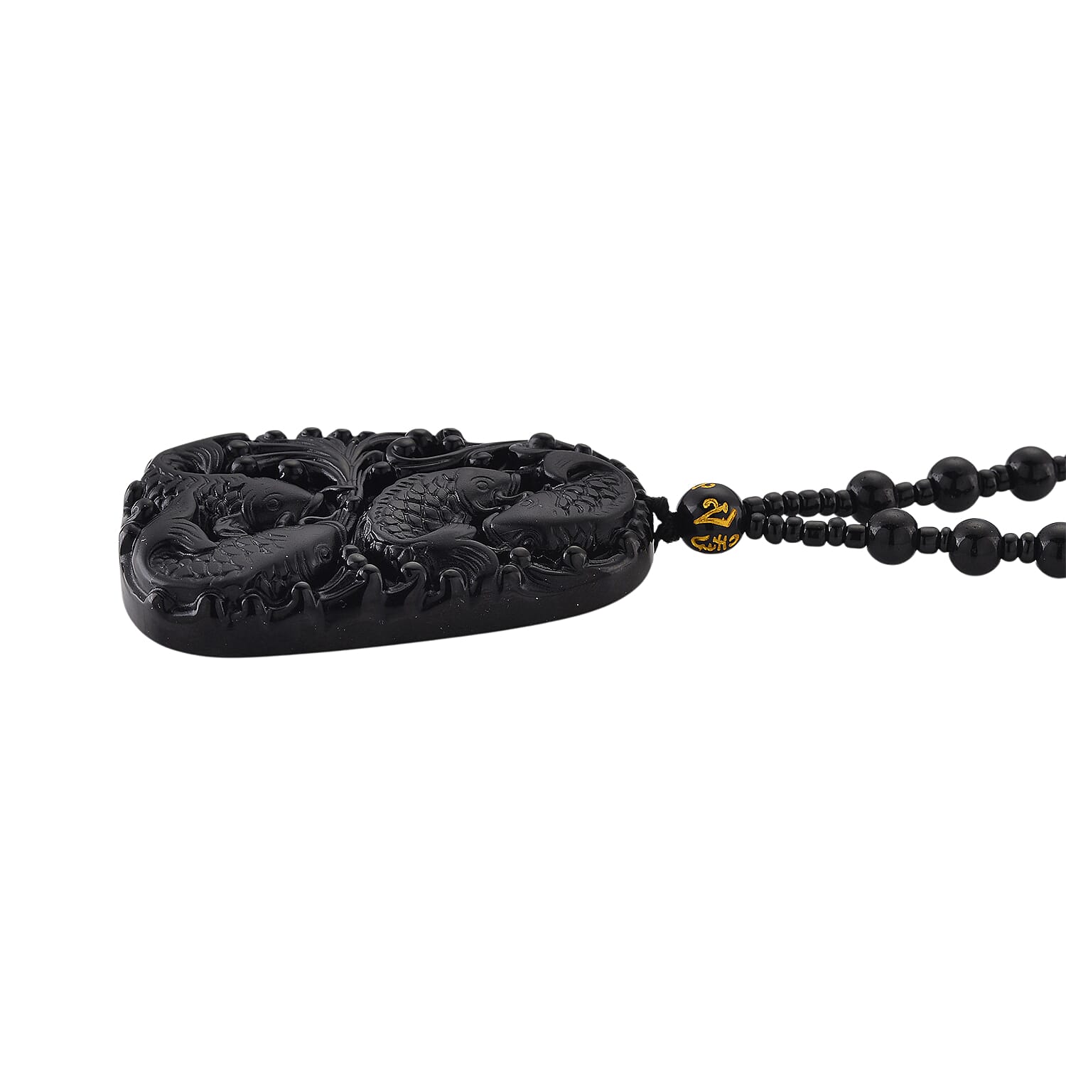 Black Obsidian 340.00 ctw Carved Fish Pendant with Beaded Necklace 26 Inches